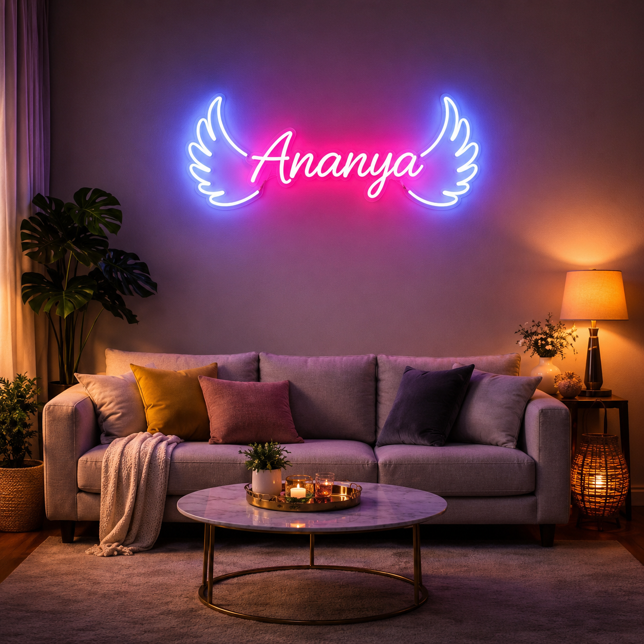 Angel Wings Neon Sign – Personalized LED Name Light for Room Decor
