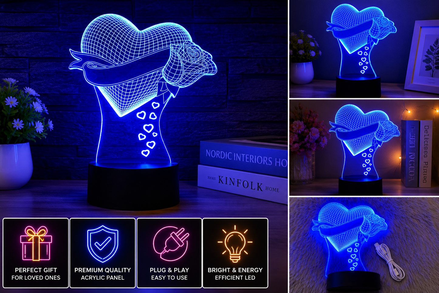 Personalized Heart & Rose 3D LED Lamp | Custom Name Acrylic Night Light | Romantic Gift for Couples, Anniversary & Valentine's Day