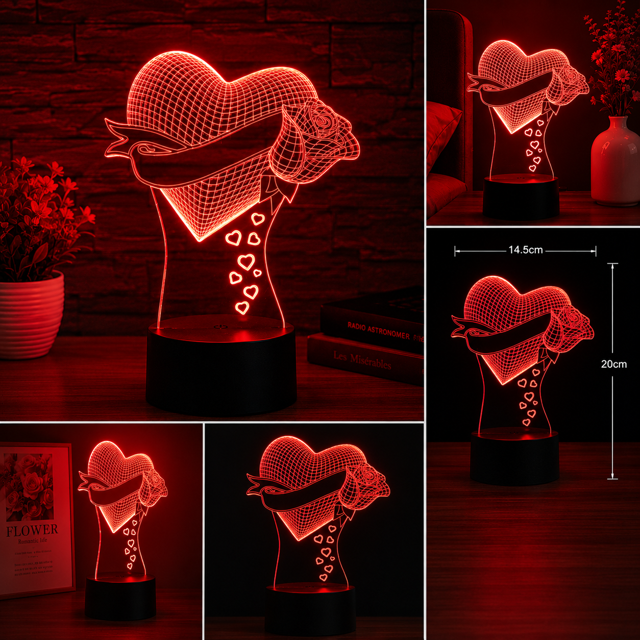 Personalized Heart & Rose 3D LED Lamp | Custom Name Acrylic Night Light | Romantic Gift for Couples, Anniversary & Valentine's Day