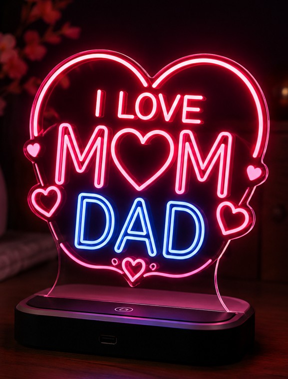 I Love Mom Dad LED Night Lamp | 3D Acrylic Neon Light | USB Powered Decorative Table Lamp | Best Gift for Parents