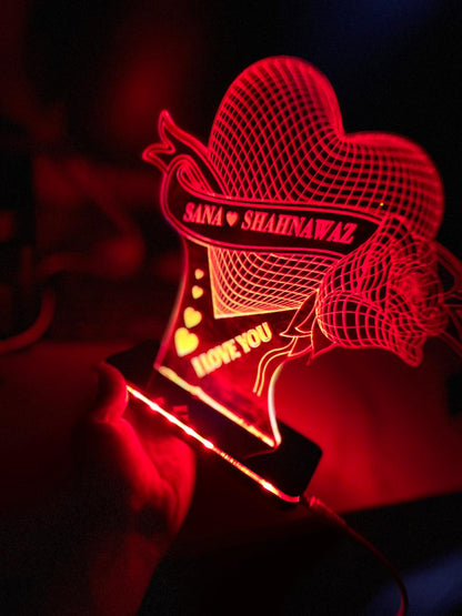 Personalized 3D LED Name Lamp with Heart & Rose Design | Custom Couple Night Light | Romantic Gift for Birthday, Anniversary & Valentine's Day