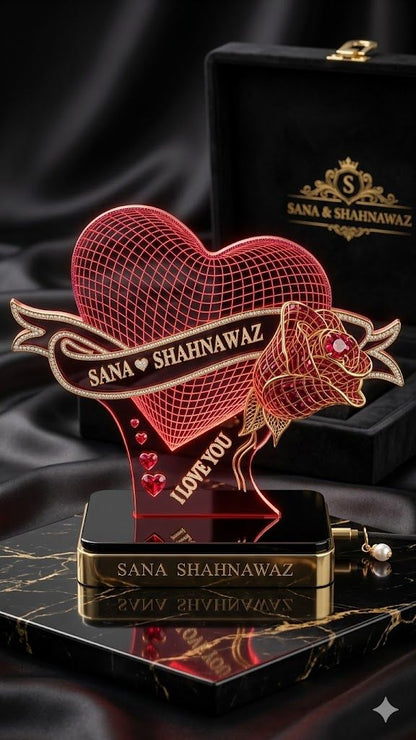 Personalized 3D LED Name Lamp with Heart & Rose Design | Custom Couple Night Light | Romantic Gift for Birthday, Anniversary & Valentine's Day