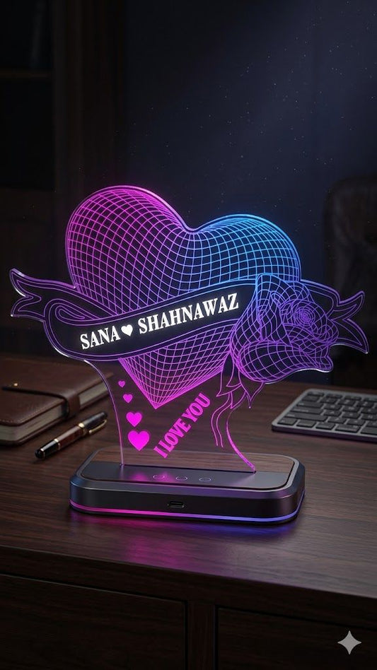 Personalized 3D LED Name Lamp with Heart & Rose Design | Custom Couple Night Light | Romantic Gift for Birthday, Anniversary & Valentine's Day