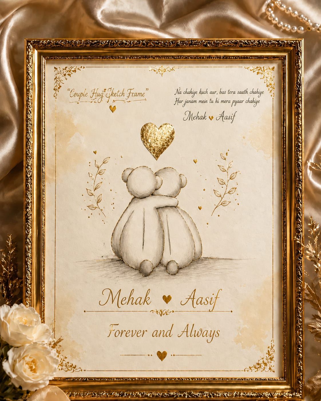 Personalized Couple Hug Teddy Frame | Custom Name Romantic Photo Frame | Anniversary Gift for Couples | Forever & Always Frame