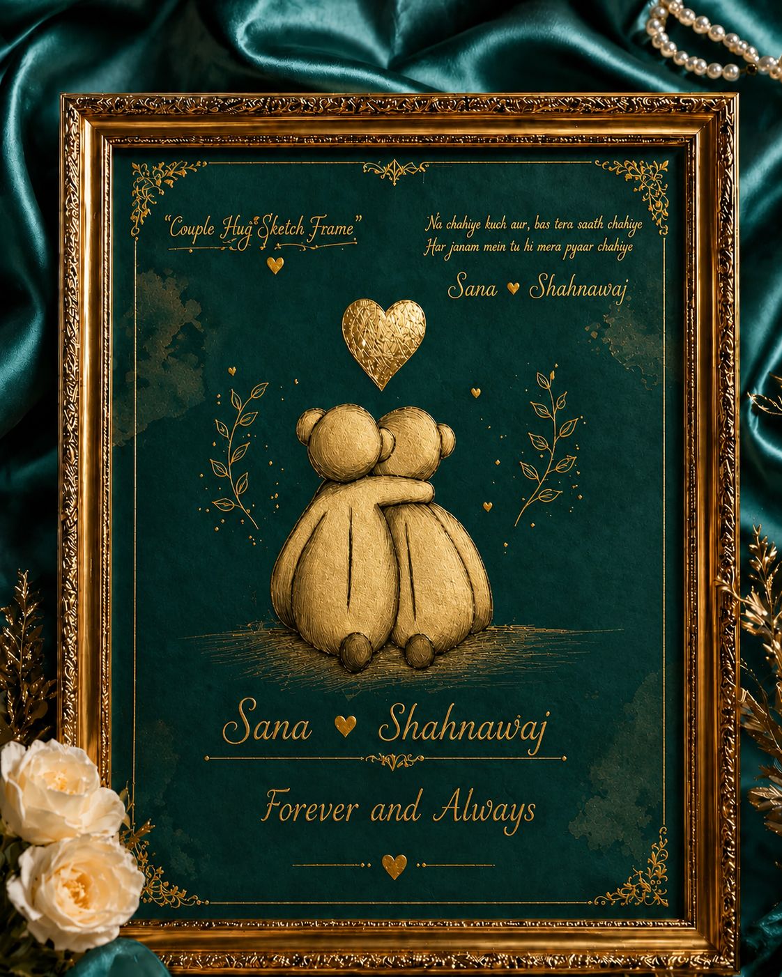 Personalized Couple Hug Teddy Frame | Custom Name Romantic Photo Frame | Anniversary Gift for Couples | Forever & Always Frame