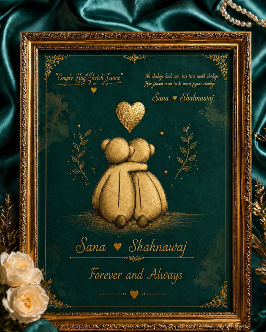 Personalized Couple Hug Teddy Frame | Custom Name Romantic Photo Frame | Anniversary Gift for Couples | Forever & Always Frame